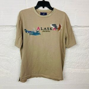 NORTHERN LIGHTS tan embroidered outdoor airplane & eagle ALASKA short sleeve top